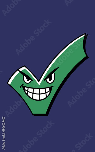 Green check mark character with mischievous grin and evil eyes cartoon illustration for approval success or rejection concepts representing a tricky decision or a sly agreement on blue background
