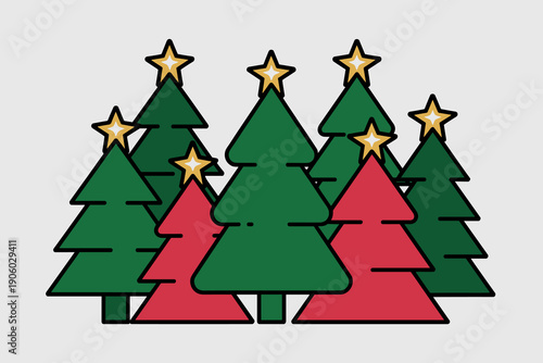 Group of stylized Christmas trees in green and red with yellow star toppers on a light grey background festive holiday season celebration concept flat design illustration for winter marketing advertis