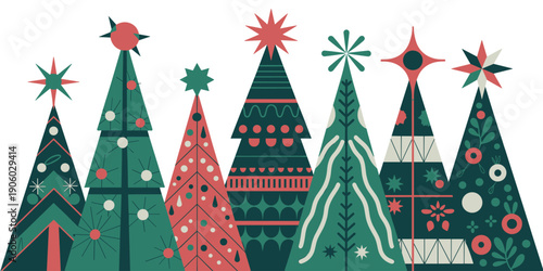 Retro geometric christmas tree collection flat design festive holiday vector illustration with abstract patterns and stars in vintage color palette for seasonal decoration greeting cards and winter ce