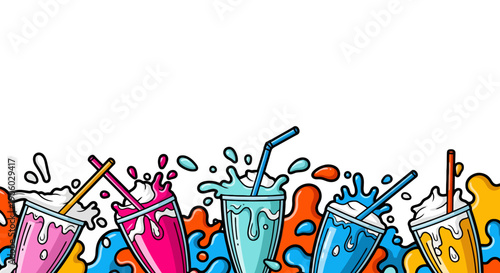 Pop Art Milkshakes and Colorful Slushie Border Design with Splashes