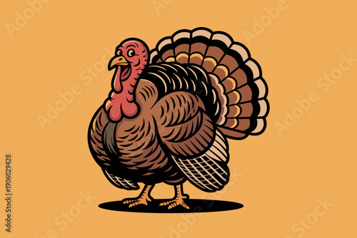 Cartoon turkey bird with fanned tail feathers standing proudly on orange background Thanksgiving holiday celebration autumn harvest festival funny farm animal character illustration for seasonal marke