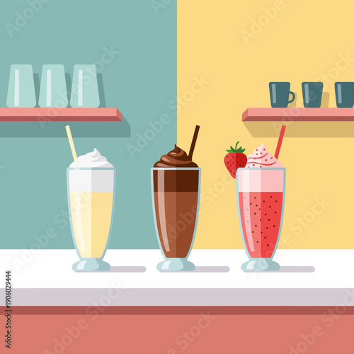 Three milkshakes: vanilla, chocolate, strawberry on a colorful bar counter.
