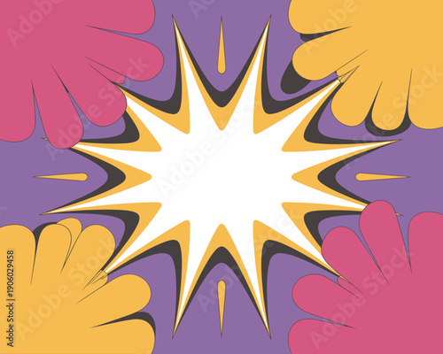 Diverse cartoon hands reaching towards explosive starburst speech bubble for communication concept dynamic teamwork idea generation or announcement graphic resource