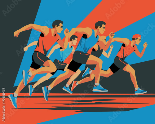 Athletic men running race competition dynamic motion vector illustration modern graphic design for sports advertising and motivational business concepts showcasing speed determination teamwork and ach