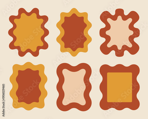Retro groovy wavy frames and shapes set abstract background design elements for vintage posters and 70s aesthetic graphic resources with warm earthy tones and organic fluid forms perfect for retro bra