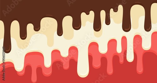 Abstract Background of Dripping Chocolate, Vanilla, and Strawberry Glaze