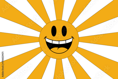 Smiling sun character with wide happy grin bursting with bright yellow rays radiating cheerful energy and optimistic vibes for summer vacation or joyful celebration graphic design element representing