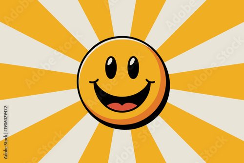 Retro smiley face sun character radiating happiness and joy with vintage sunburst background for positive vibes and optimistic outlook in graphic design and marketing materials