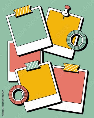 Retro polaroid photo frames collage pinned with washi tape and pushpin for scrapbook memories mood board creative planning journaling scrapbooking project with copy space for text and images