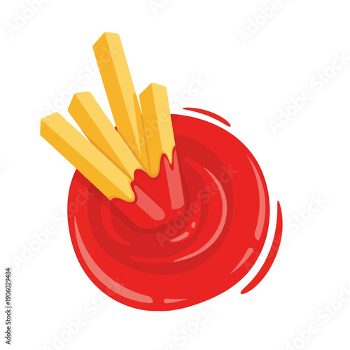 French fries dipping into red ketchup vector illustration