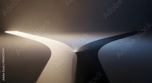 A dramatic split path with contrasting light and dark shadows on a modern surface