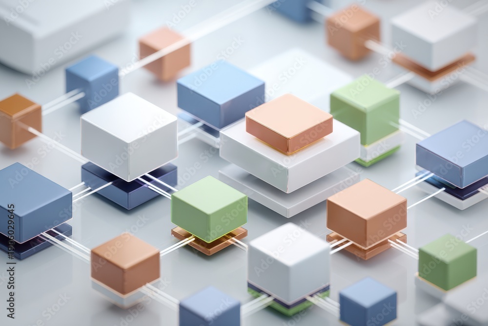 Obraz premium Database management visualization with interconnected 3D blocks and clean lines.