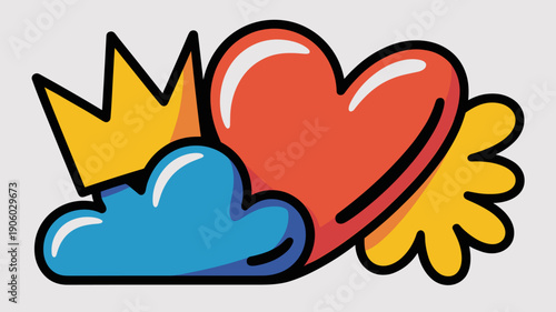 Heart with crown and cloud pop art style illustration vibrant graphic design for love romance celebration fantasy dream concept with wings and bold outlines for graphic resources