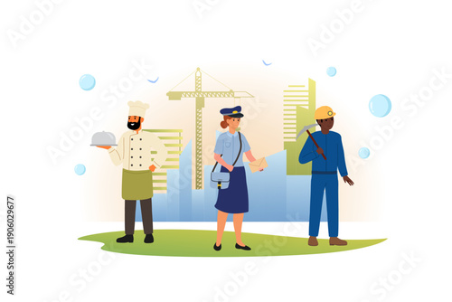 People of various professions in city. Cook, postman, miner against the backdrop of megalopolis. Flat vector illustration.