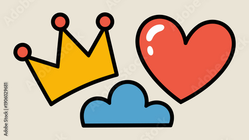 Stylized graphic icons of a golden crown a red heart and a blue cloud representing royalty love and dreams in a simple flat design for concepts of fantasy success and imagination in digital art and gr