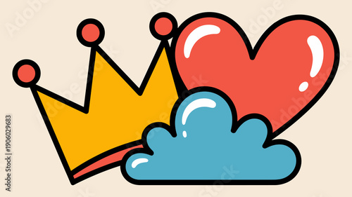 Golden crown and red heart symbol floating on blue cloud graphic illustration for design elements and concepts representing love royalty success and dreams with retro vibe cartoon style and vibrant co