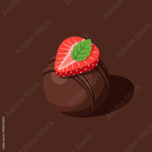 Gourmet chocolate truffle decorated with fresh strawberry and mint leaf