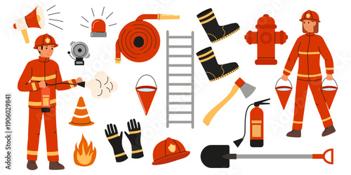 Large set of fire fighting equipment and tools and two firefighters, man and woman professional firefighters. Flat vector set.