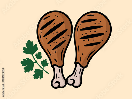 Two grilled chicken drumsticks with crispy skin and grill marks garnished with fresh parsley herb for delicious summer barbecue or holiday feast meal concept cartoon illustration for food blogs and me
