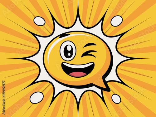 Funny cartoon emoji character speech bubble winking and laughing joyfully with bright yellow sunburst background comic book style illustration for expressive communication and positive emotion concept