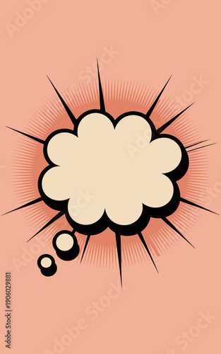 Empty comic book speech bubble explosion graphic with radiating lines and thought bubbles on a pastel pink background for copy space and creative design concepts communication ideas imagination thinki