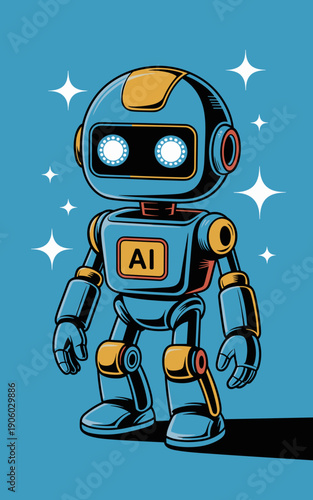 Blue AI robot character standing with glowing eyes and AI symbol on chest modern illustration for technology futuristic concept science fiction digital assistant automation innovation future technolog
