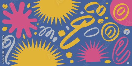 Vibrant abstract shapes and confetti explosion for festive celebration design dynamic playful background with bright yellow pink and blue elements for party invitation greeting card social media post