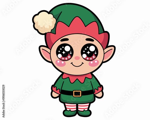 Cute Christmas elf character illustration with big sparkling eyes and rosy cheeks wearing green tunic red collar striped stockings and pointed hat with pompom joyful holiday helper for winter season c