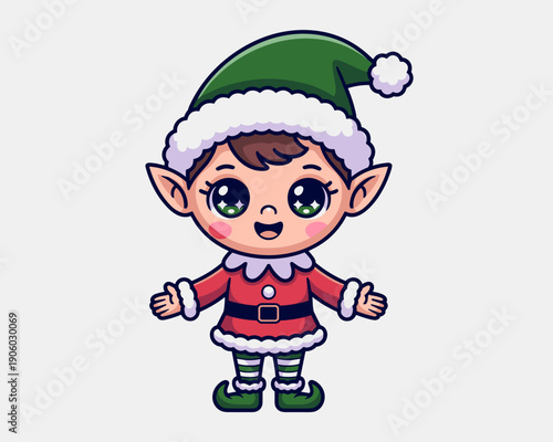 Cute cartoon Christmas elf character with big eyes wearing festive red and green outfit and pointy hat smiling cheerfully on white background for holiday season celebration marketing and winter theme
