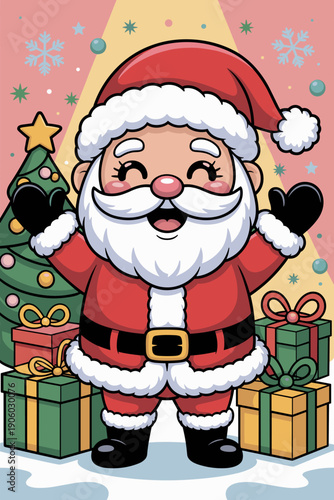 Cartoon Santa Claus character waving hello cheerfully with Christmas tree and gifts festive holiday celebration season greeting joyful winter concept illustration for seasonal marketing advertising ca