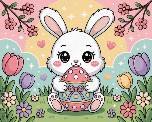 Cute cartoon Easter bunny rabbit holding decorated egg with bow surrounded by tulips and flowers in a pastel spring landscape illustration for holiday celebrations and children's decor concept