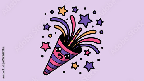 Cute cartoon party popper character exploding confetti and stars with happy face for celebration birthday event festive surprise joy and fun concept illustration on purple background