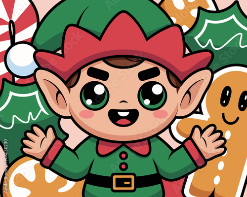Cute cartoon Christmas elf character waving happily surrounded by festive holiday treats like gingerbread man and candy cane for winter seasonal greetings and festive celebrations design element
