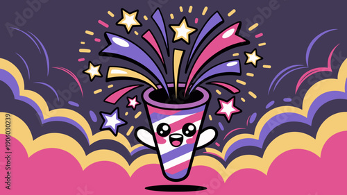 Cute cartoon party popper character exploding with colorful confetti stars and streamers celebrating a happy event joyfully for festive occasions holidays and new year greetings vibrant illustration f