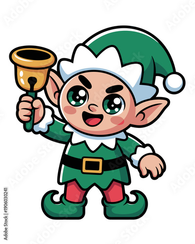 Cute cartoon elf character ringing a golden bell in festive green costume with pointy hat happy cheerful holiday spirit for Christmas promotions marketing banners greeting cards design elements season