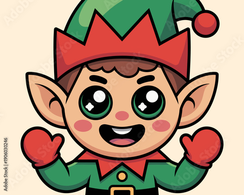 Cute cartoon elf character waving happily with big sparkling eyes and festive green and red outfit for christmas holiday season celebrations and winter greetings designs illustration