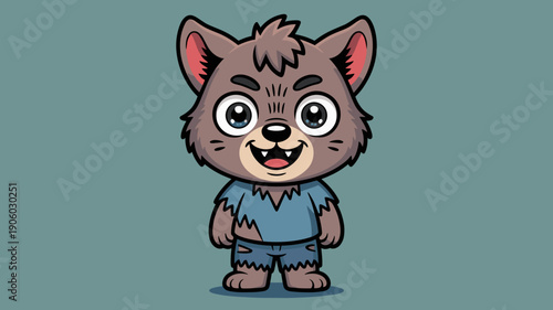 Cute cartoon werewolf character standing happily with torn clothes and big eyes friendly monster illustration for Halloween children stories and fantasy themes playful mascot design for advertising ma