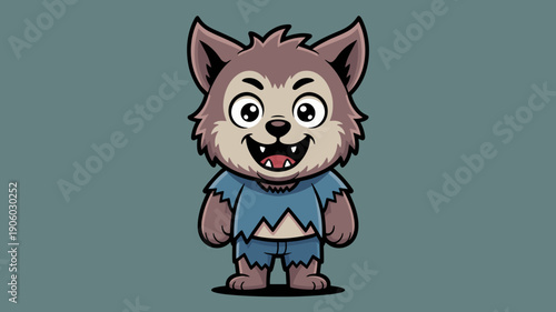 Cute cartoon werewolf character standing ready to howl with big eyes and wide smile friendly monster illustration for Halloween or fantasy themes playful woodland creature design for kids stories and