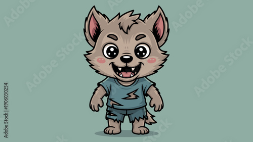 Cute cartoon werewolf character standing with a friendly smile wearing torn clothes and a t-shirt with a lightning bolt for halloween or monster themed designs children's illustration fantasy creature