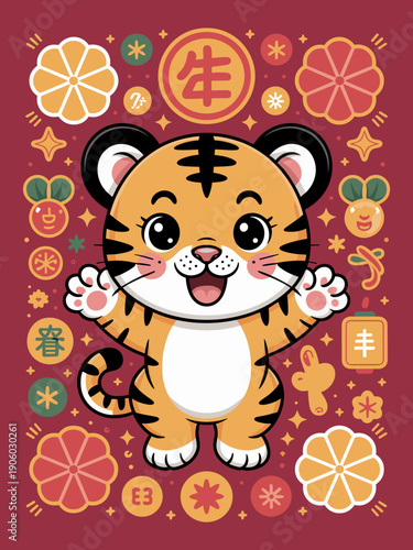 Cute cartoon tiger waving with festive Chinese New Year symbols and auspicious decorations celebrating lunar year zodiac animal greeting happy holiday good luck wishes for festive celebrations and cul