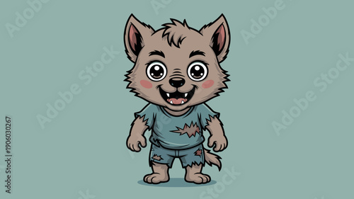 Cute cartoon werewolf character illustration adorable furry monster standing friendly happy expression tattered clothes whimsical Halloween creature design for children's books games and spooky fun co