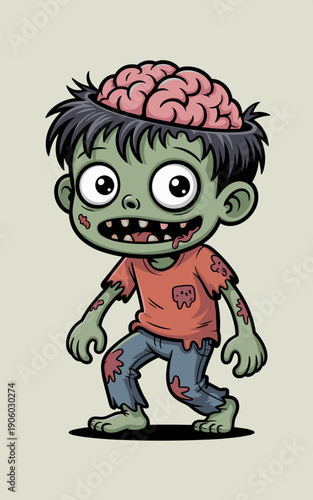 Cartoon zombie boy with exposed brain walking with tattered clothes and creepy smile scary monster character illustration for halloween and horror themes fun spooky design element for kids and adults
