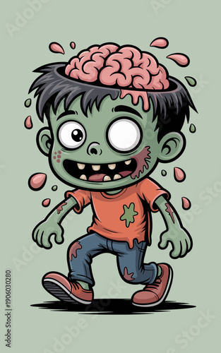 Cartoon zombie boy with exposed brain walking with a creepy grin and wide eyes for halloween spooky horror fun illustration cartoon character for kids parties and themed events