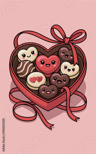 Cute kawaii heart shaped chocolates assortment in red ribbon gift box with happy faces for valentines day celebration sweet treats dessert illustration for romance and love concepts in candy design fo