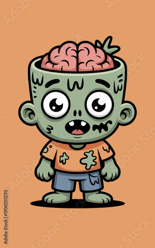 Cute cartoon zombie character with exposed brain and big eyes standing isolated on orange background funny Halloween illustration for kids and adults creative concept for spooky season and horror them