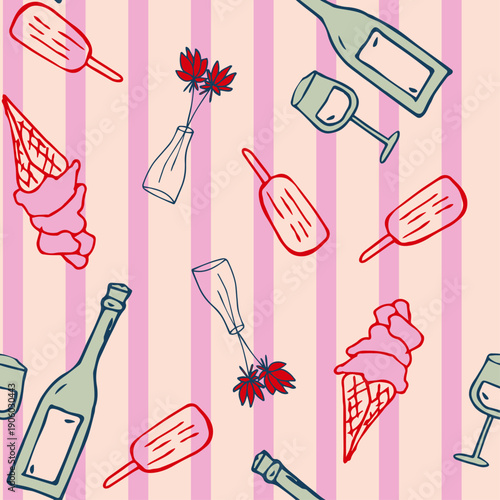 Classic Valentines Day seamless pattern with pink roses hearts and champagne bottles on striped background for romantic commercial product packaging