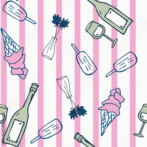 0048-02Modern lifestyle seamless pattern with wine bottles champagne glasses hearts and ice cream on pink striped background for party invitations and social events decor