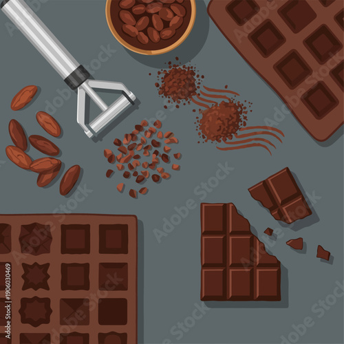 Overhead flat lay of chocolate making ingredients and tools (Vector)