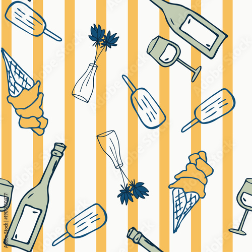 Vibrant summer fun seamless pattern with ice cream cones and wine bottles on orange and white striped background for youthful seasonal design