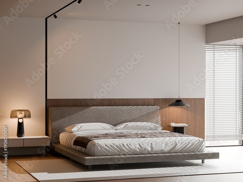 Tableau sur toile Bright Cozy Bedroom Interior for Home Living Branding – 3D Render